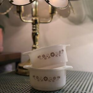 Pyr-O-Rey Milk Glass Dishes with Brown Daisy Pattern